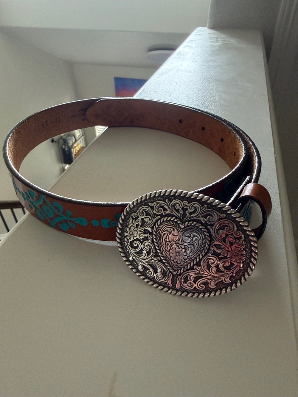 Brown Leather Belt with Turquoise Floral Detailing and Decorative Heart Buckle